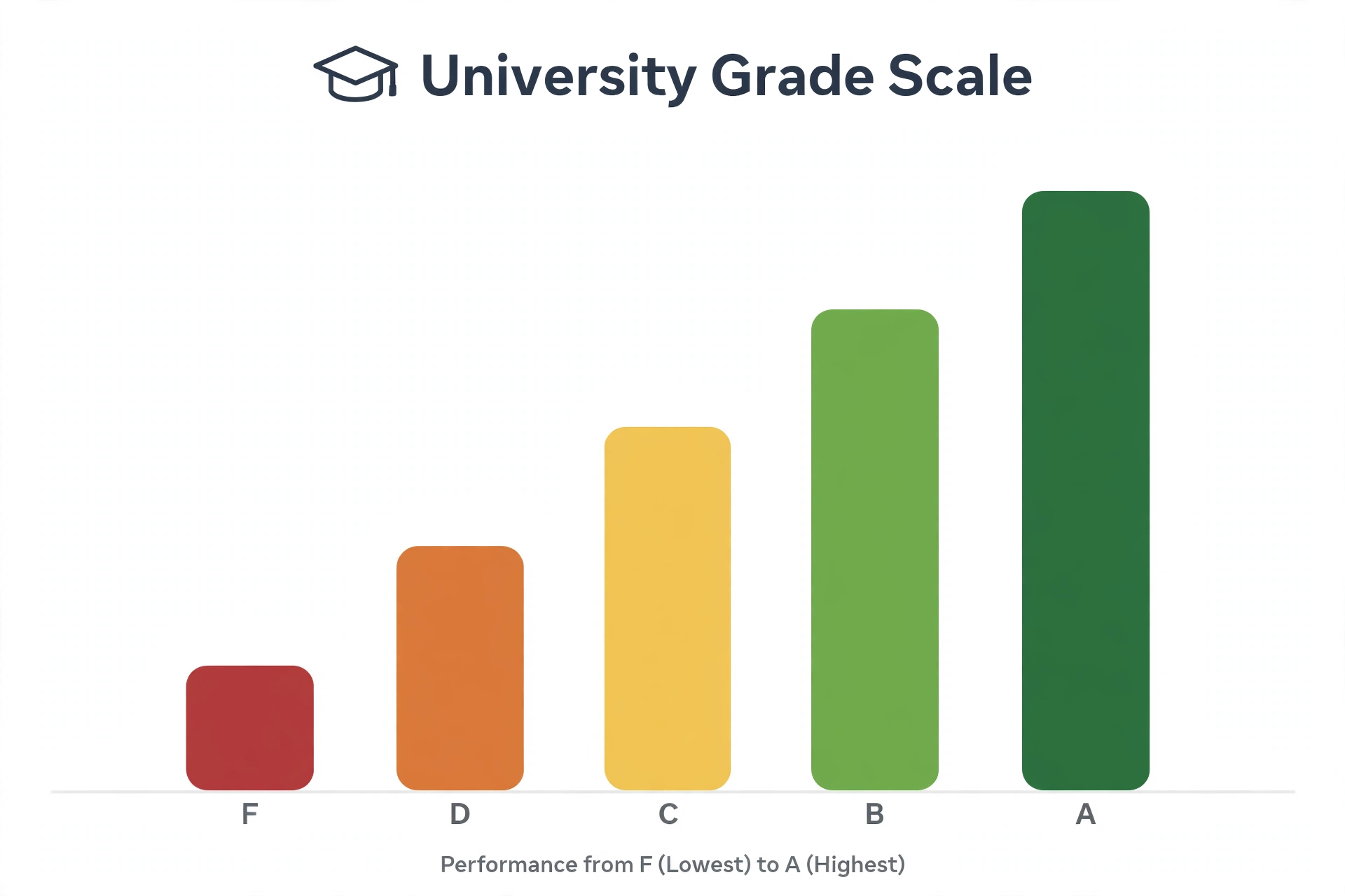 University grade scale from F (lowest) to A (highest)