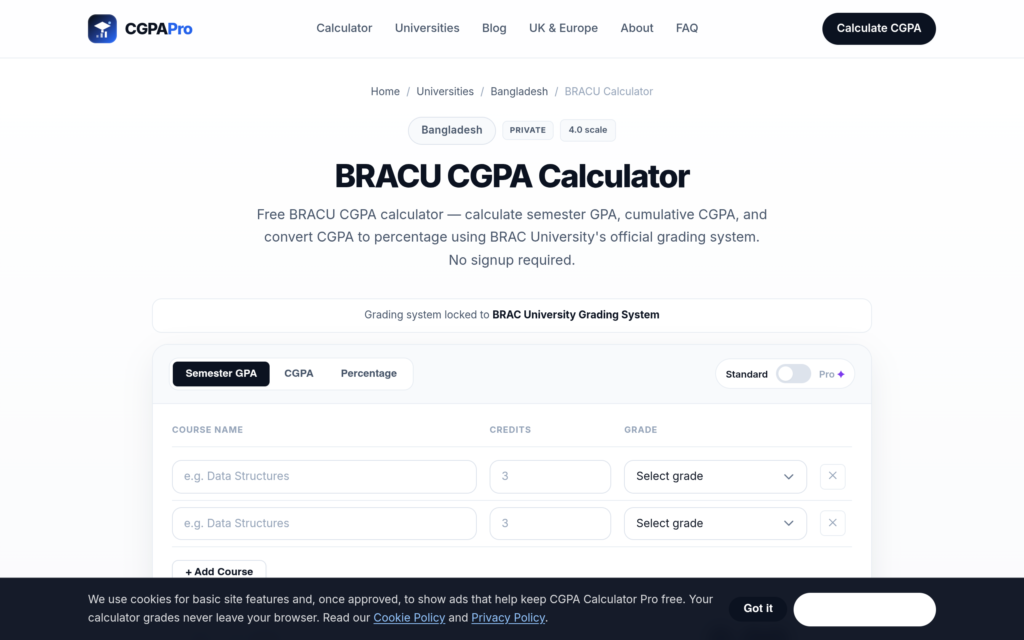BRACU CGPA calculator on cgpacalculatorpro.com