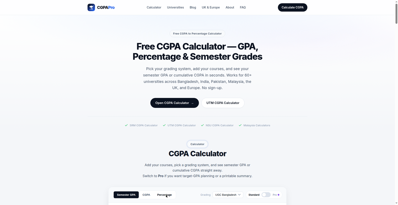 CGPA calculator homepage showing conversion tools