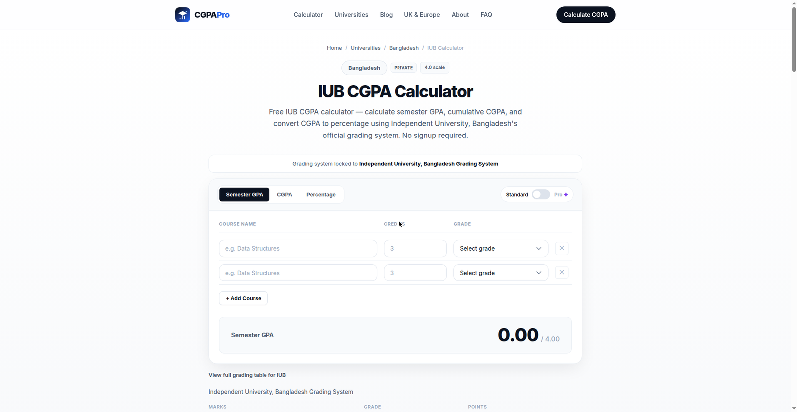 IUB grading system GPA calculator showing grade and credit inputs