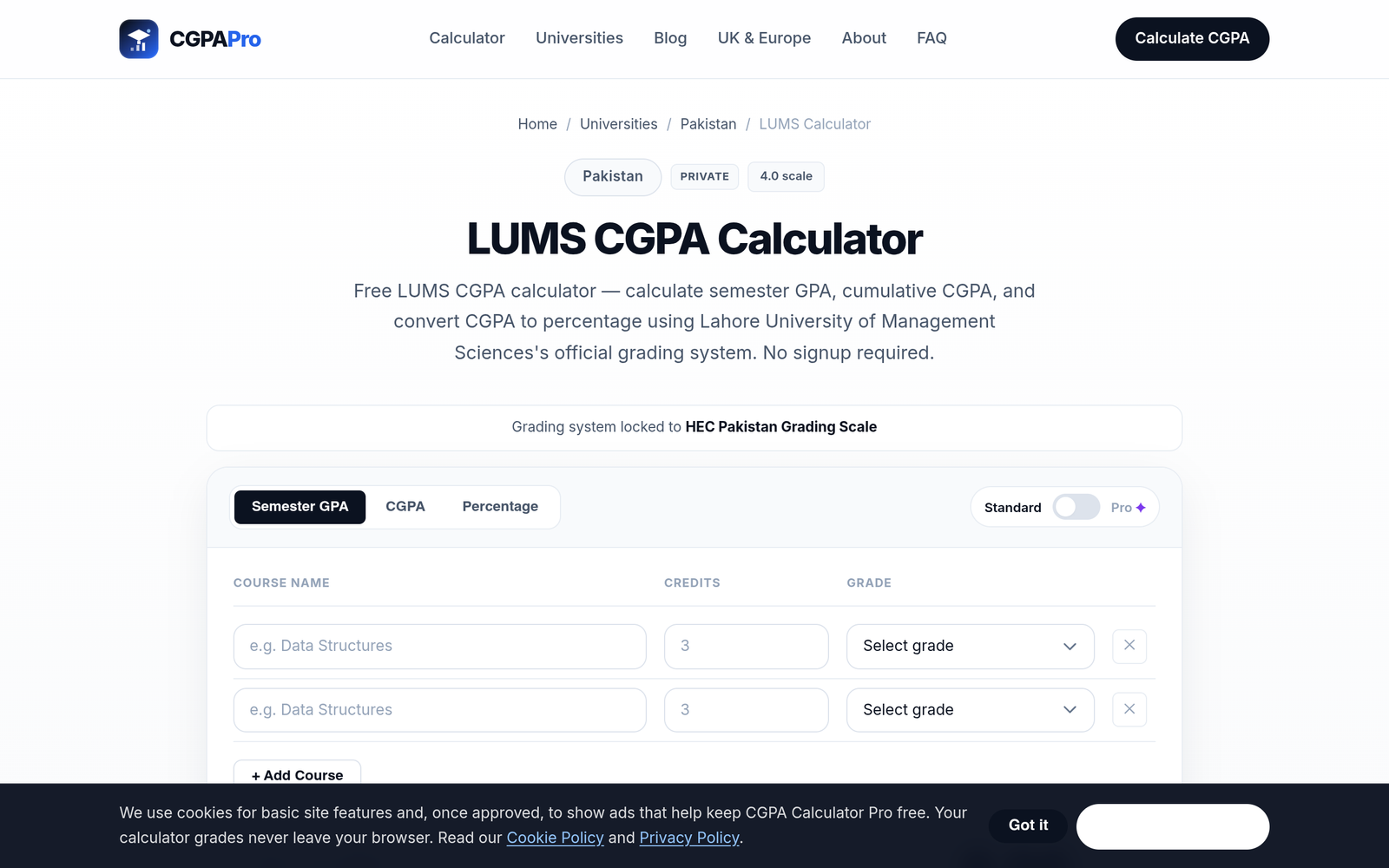 LUMS CGPA calculator on cgpacalculatorpro.com