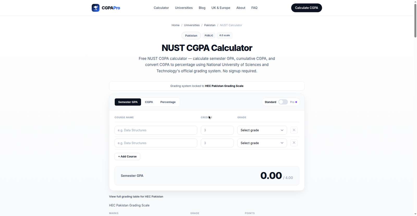NUST grading system CGPA calculator showing grade and credit inputs
