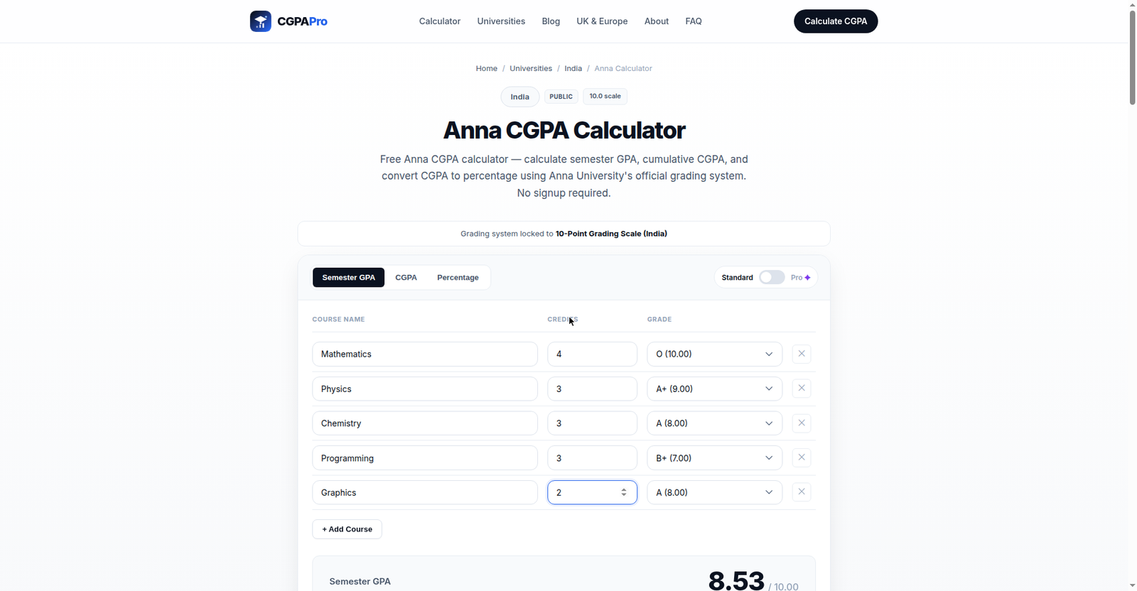 Anna University GPA calculator screenshot showing 5 filled courses (Mathematics 4 credits O, Physics 3 credits A+, Chemistry 3 credits A, Programming 3 credits B+, Graphics 2 credits A) with Semester GPA 8.53 out of 10