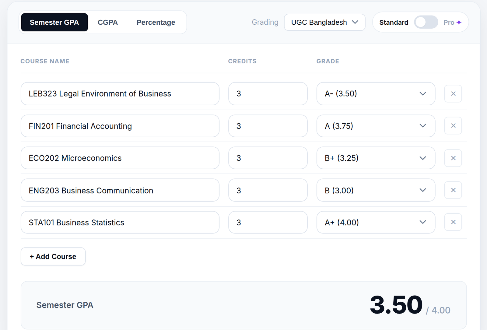 VUB GPA calculator filled example