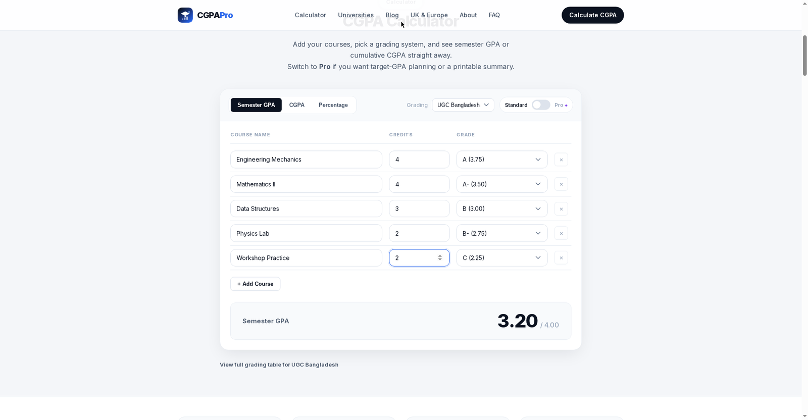 CGPAPro general calculator with a 5-course worked example showing Semester GPA 3.20 out of 4.00