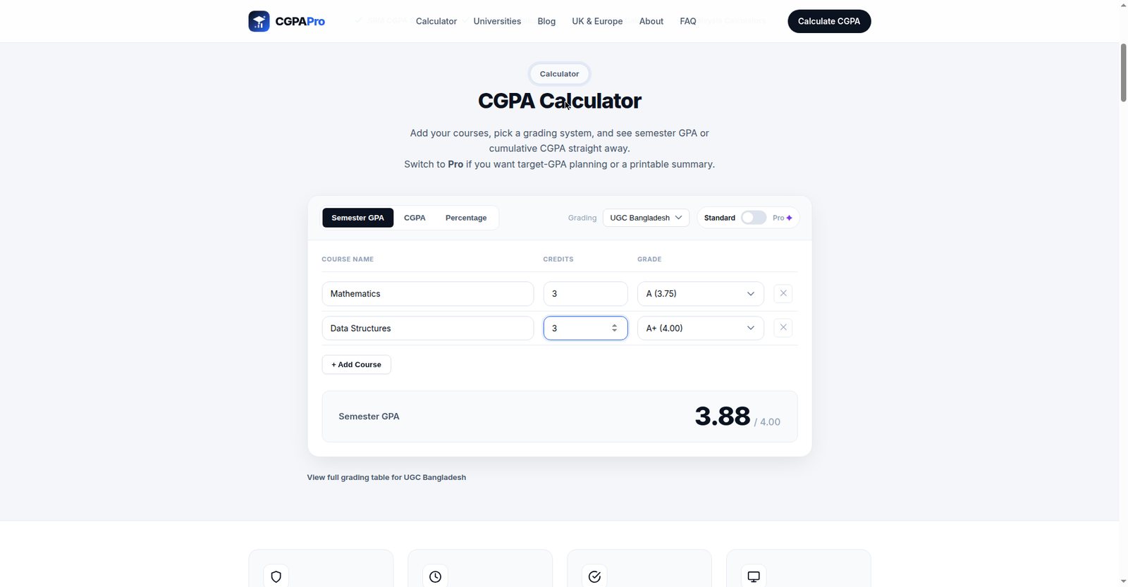 CGPAPro calculator modelling a course retake scenario showing the updated CGPA
