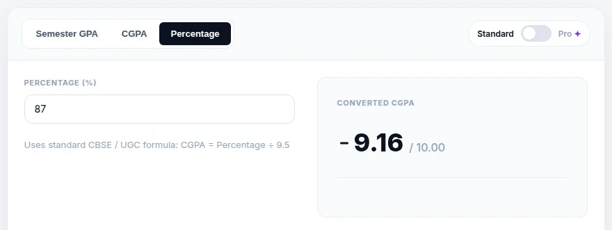 CGPAPro percentage to CGPA calculator converting 87 percent to 9.16 CGPA