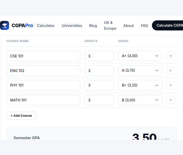 UAP GPA calculator result showing Semester GPA 3.50