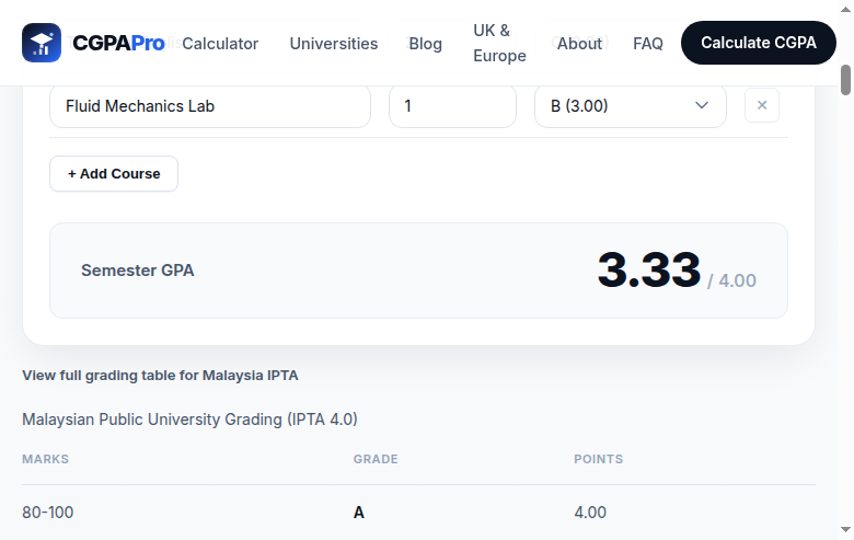UTHM calculator filled with five courses computing a semester GPA of 3.33